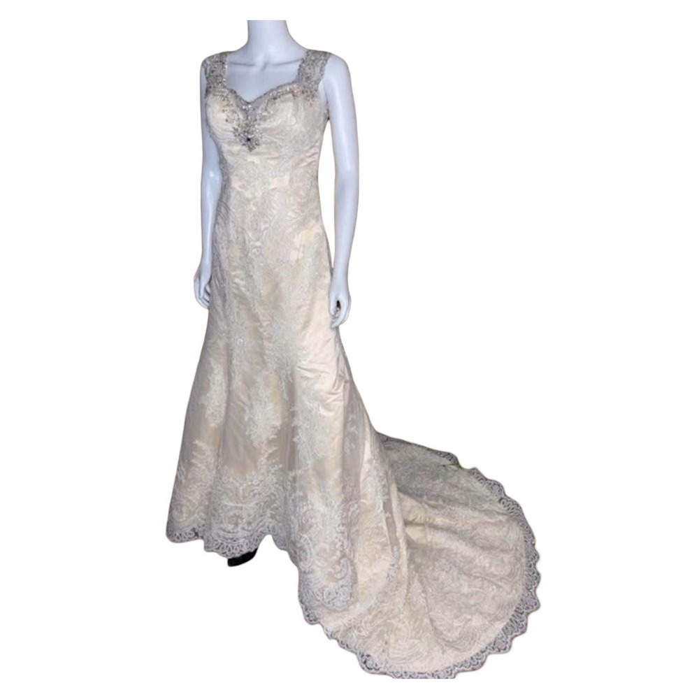 Christina Wu Bride Embroidered Beaded Wedding Gown Dress Beige Size 6 Mermaid